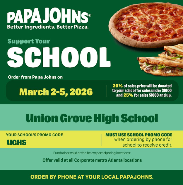 UGHS_Wolverines's tweet photo. 🍕UGHS Spirit Week at Papa John’s 
Make plans to grab pizza and support UGHS! @UGHSprincipal @UnionGroveAD @UGHSMediaTech https://t.co/EN63y2fDhL