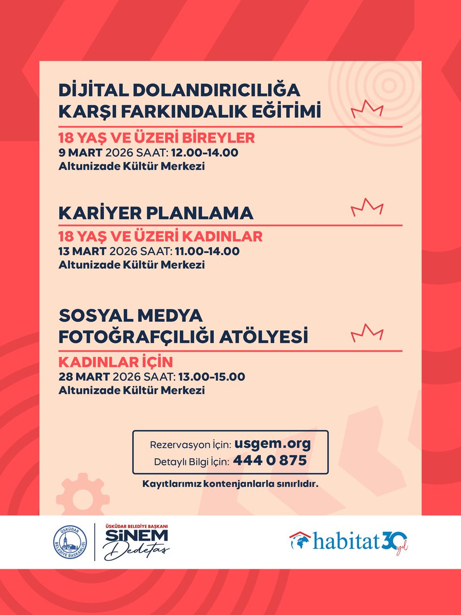 Habitat Derneği iş birliğiyle hazırlanan atölye ve eğitimlerimizde bu ay!

🌐Başvuru ve detaylı bilgi için usgem.org veya 444 0 875 
Kontenjanlar sınırlıdır!