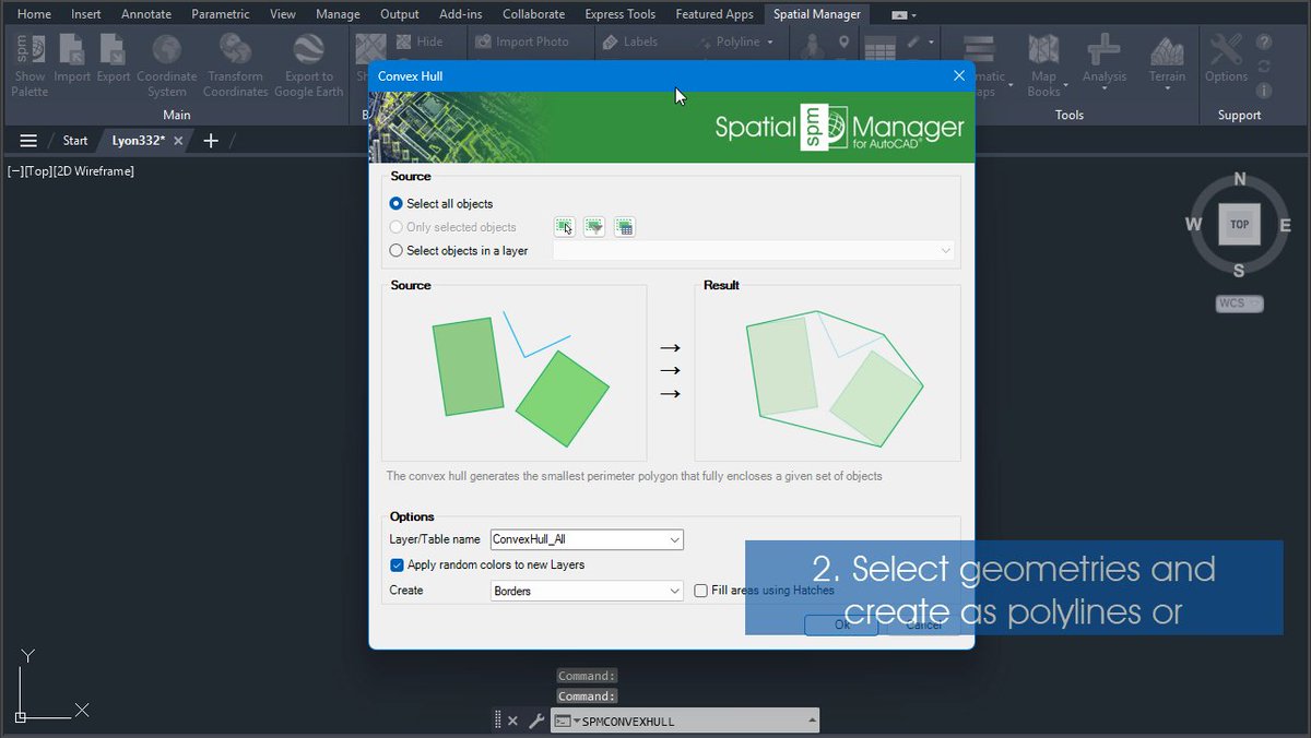 SpatialManager's tweet photo. @SpatialManager - Create convex hull of geometries

Creates the smallest convex polygon that fully encloses a selected set of geometries

Available for @AutoCAD, @BricsCAD, @ZWCAD and @GstarCAD

Blog post and video: https://t.co/AkDPNe9iHC https://t.co/ezelPKpWzz