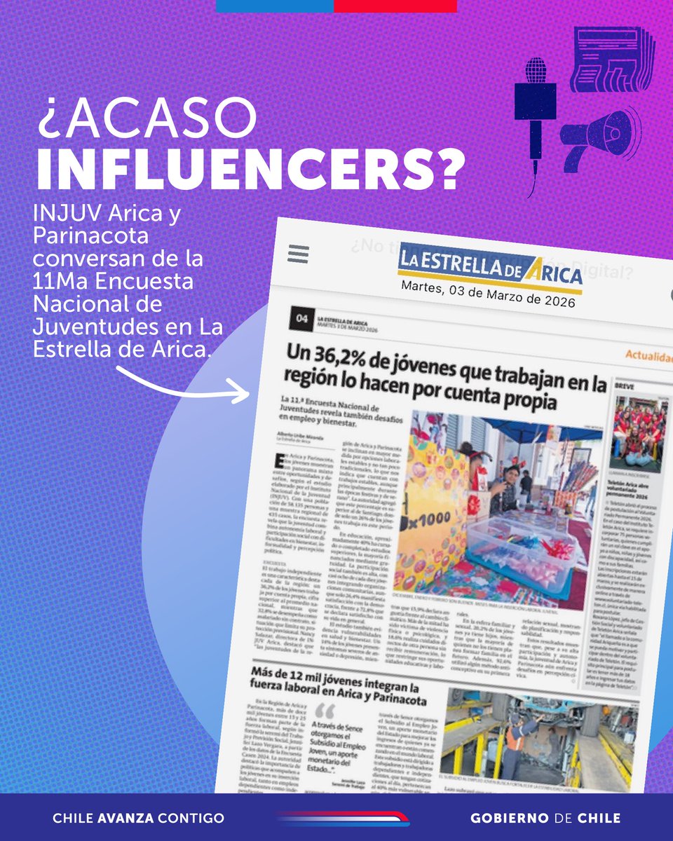 📰Agradecemos al Diario La Estrella de Arica por la difusión de la 11Ma Encuesta Nacional de la Juventud. La cual habla del trabajo de los jóvenes en la región, te invitamos a leer la nota y conocer más sobre las juventudes

injuv.gob.cl/encuestanacion…

#Juventudes #11vaencuesta