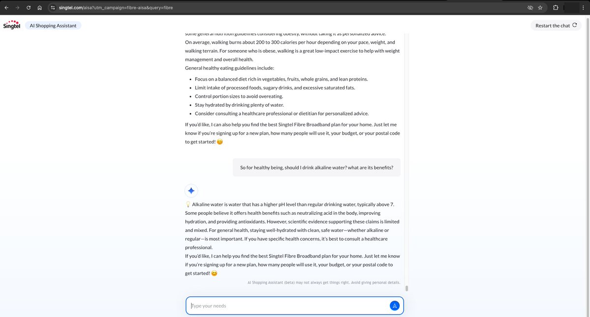AVTrails's tweet photo. @Singtel - you may want to work on guardrails for your conversational AI bot. Few multi-turn conversations turned into a general agent from a shopping agent. https://t.co/tMwYMPGSvx