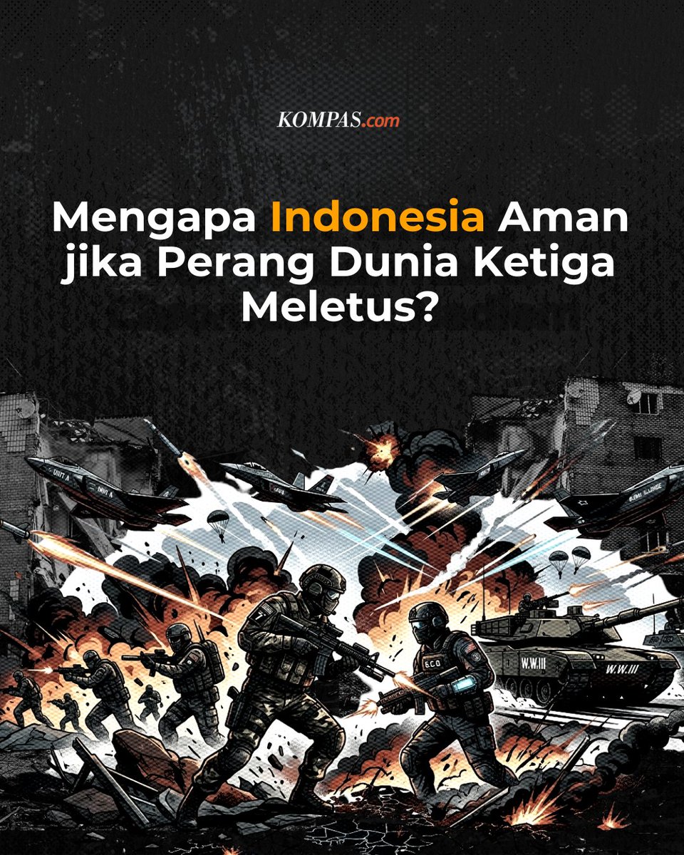 kompascom's tweet photo. Indonesia disebut sebagai salah satu negara yang relatif aman jika Perang Dunia Ketiga meletus. 

Hal ini karena Indonesia menganut politik luar negeri bebas aktif, tidak memiliki senjata nuklir, dan berbentuk negara kepulauan yang membuat invasi tidak mudah dilakukan. 

Indonesia juga tidak terlibat dalam aliansi militer besar dunia sehingga kecil kemungkinan berada di garis depan konflik. 

Namun, aman dari serangan langsung bukan berarti bebas dari dampak ekonomi dan gejolak geopolitik yang tetap bisa terasa.

Baca di: https://t.co/xyMzhM07Kn

< #PerangDuniaKetiga #Indonesia ##infografikslide