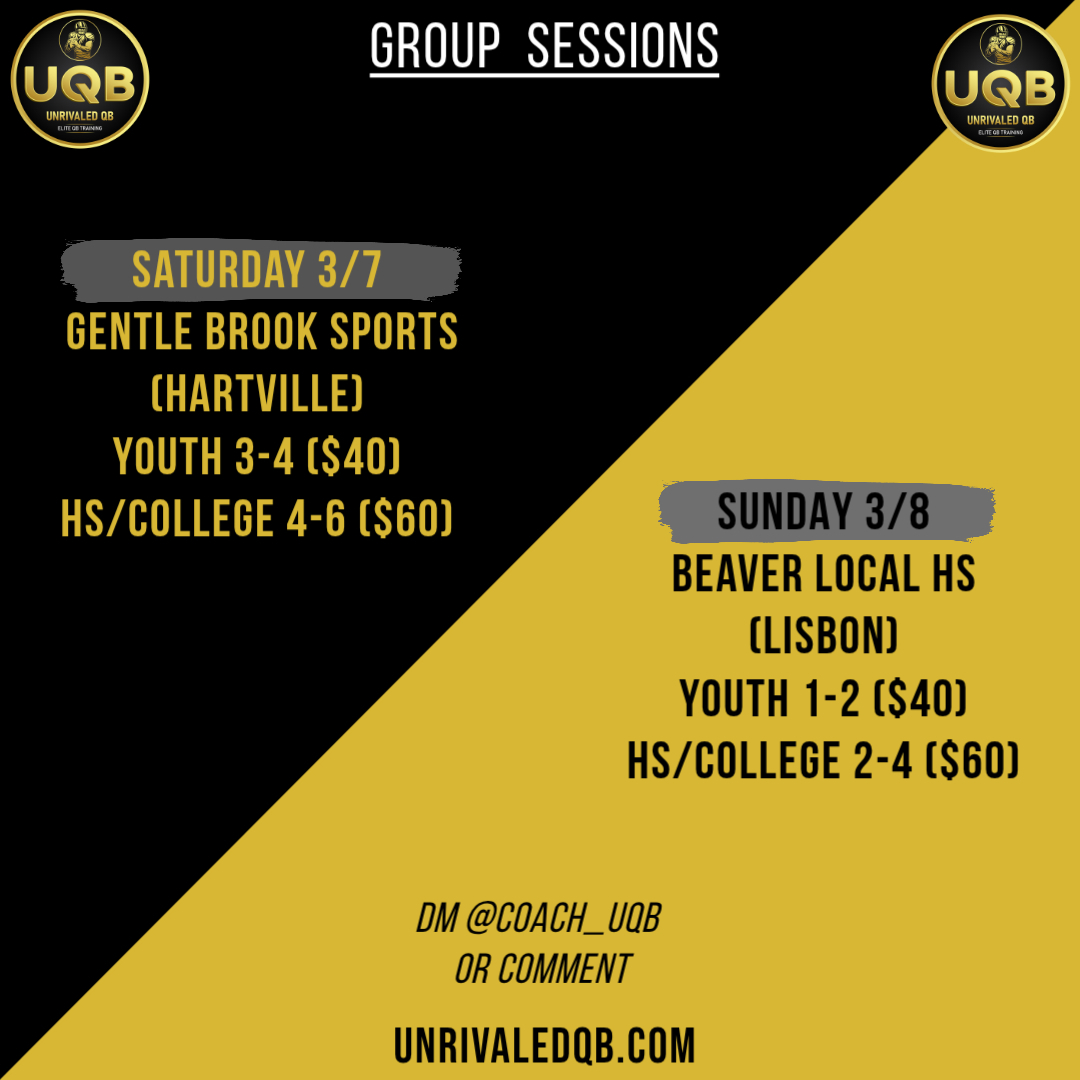 Coach_UQB's tweet image. This weekend's sessions. HS/College at BL will include How To Make Your Highlight Film as the IQ topic this week. DM or comment if you're interested. @quarterbackmag @OHSFBMedia @SOTPodcast @neohiohsfb #qb #quarterbacks #ohioqbs #ohioquarterbacks