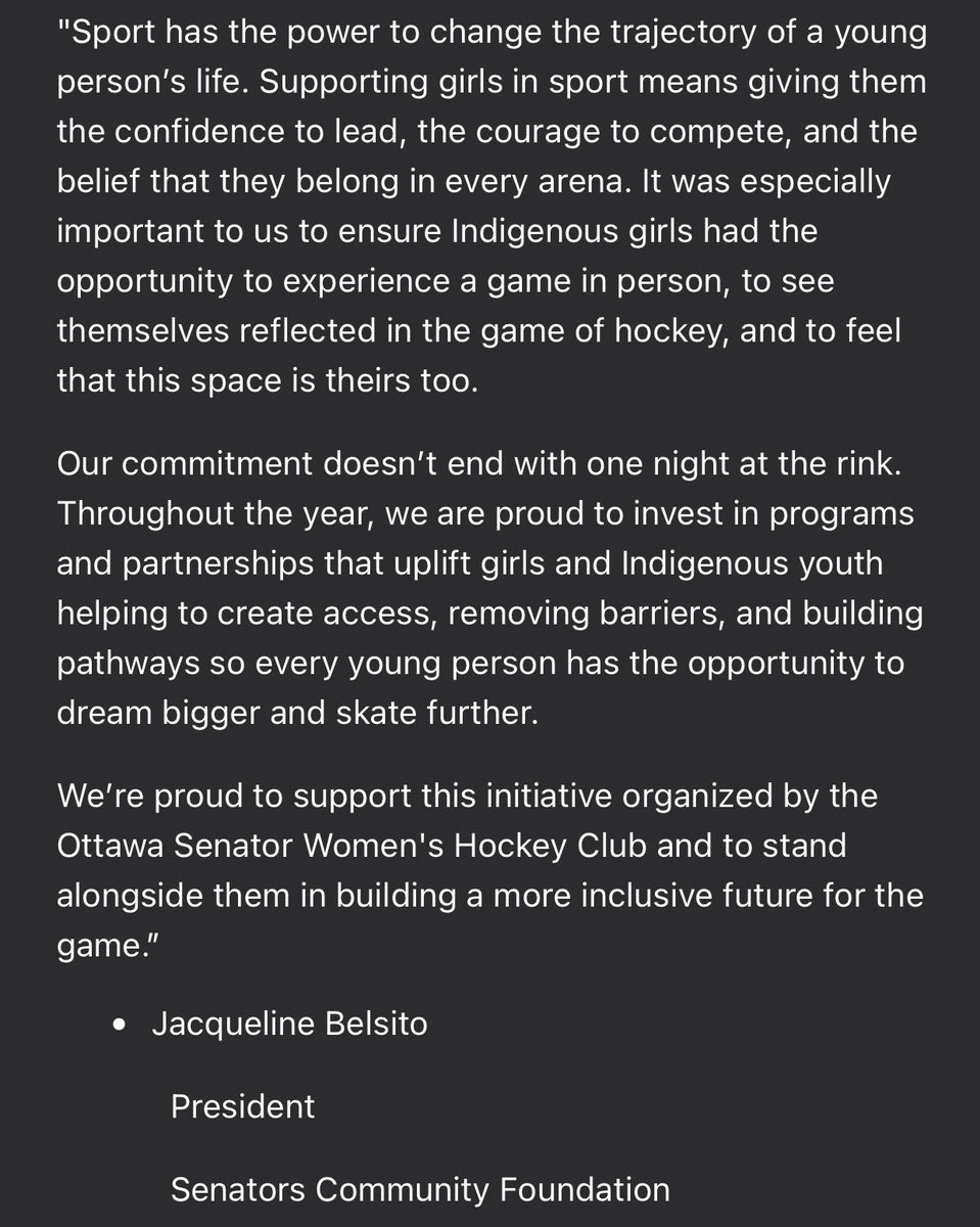 Incredible exciting news for the Ottawa Senators Women’s Hockey Club:

The <a href="/SenatorsFndn/">Senators Foundation</a> has donated $5,000 to their “One Game. All Belong” fundraiser to help bring 100 indigenous girls to the Ottawa Charge “Unity Game” tomorrow.