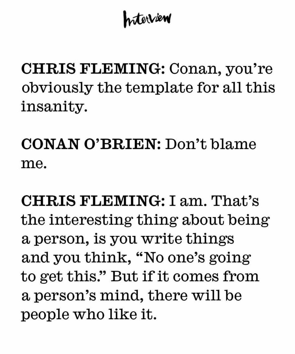 “If it comes from a person’s mind, there will be people who like it” gotta be the most inspiring/reassuring thing I’ve heard all week <a href="/chrisfluming/">Chris Fleming</a>