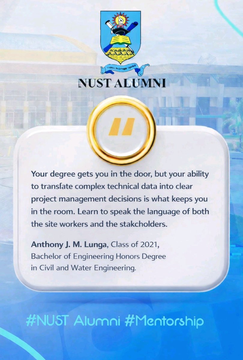 Anthony_LungaJ's tweet photo. It’s truly an honour to be featured by my alma mater.

NUST laid the foundation for my journey in Civil and Water Engineering and shaped the professional I am today. I’m grateful for the lessons, mentorship and growth.

Proud to be NUST alumni.
#NUSTAlumni#EngineeringLeadership https://t.co/EkEZwlVlWD