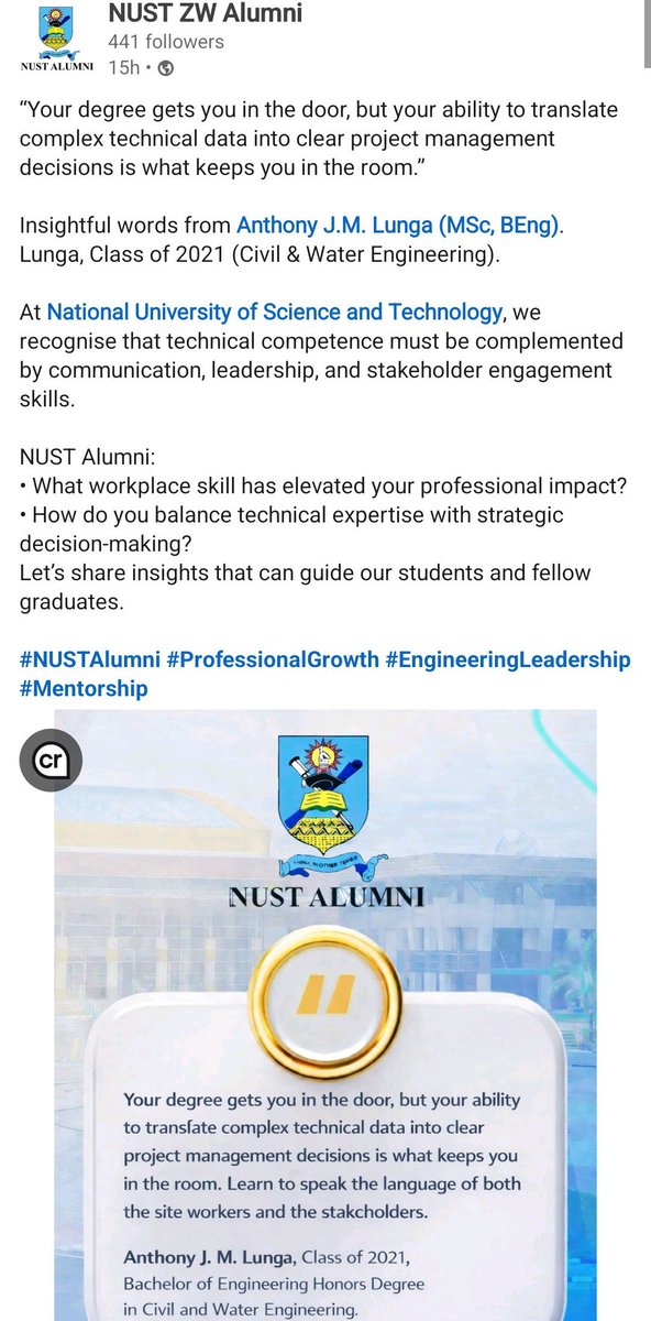Anthony_LungaJ's tweet photo. It’s truly an honour to be featured by my alma mater.

NUST laid the foundation for my journey in Civil and Water Engineering and shaped the professional I am today. I’m grateful for the lessons, mentorship and growth.

Proud to be NUST alumni.
#NUSTAlumni#EngineeringLeadership https://t.co/EkEZwlVlWD