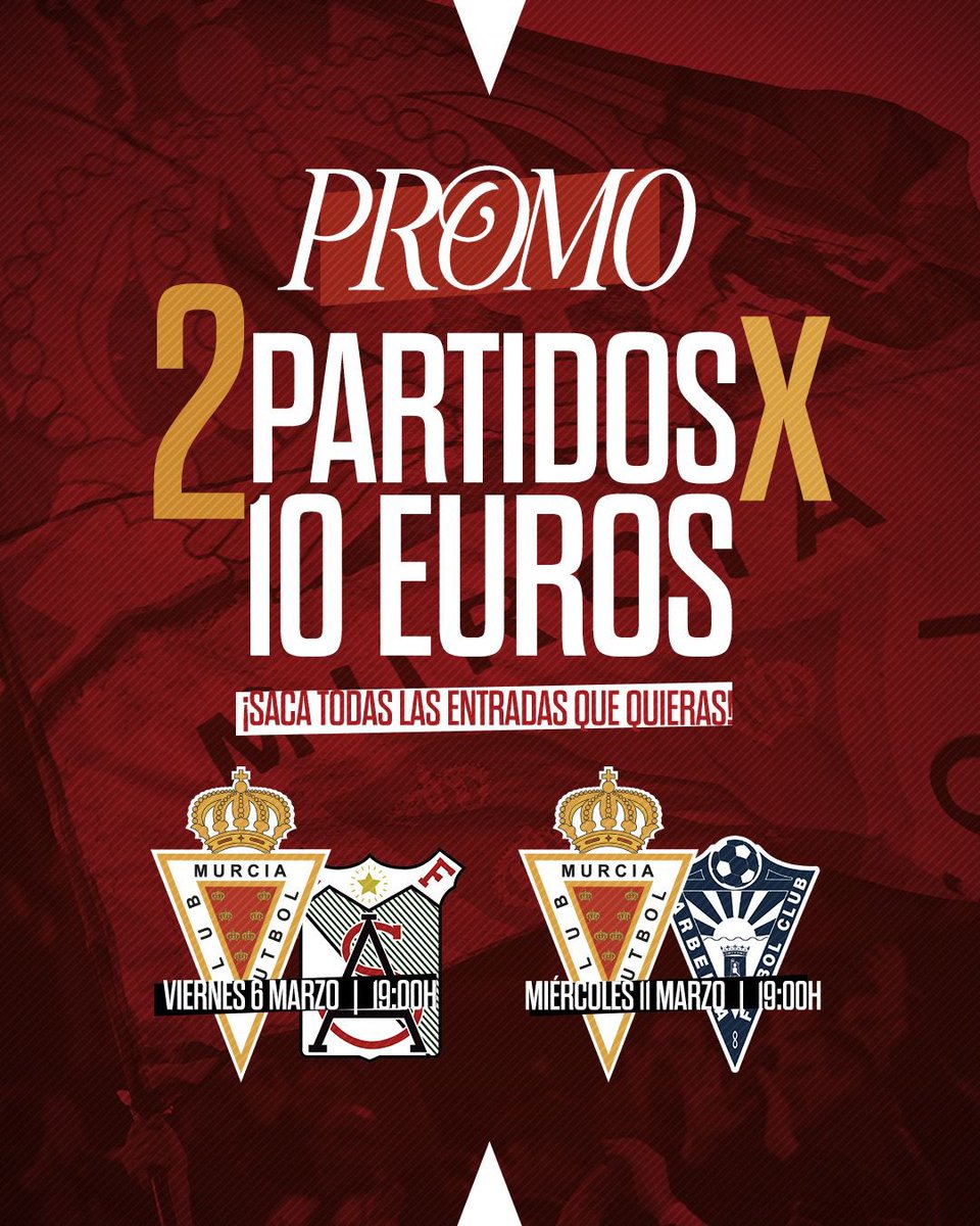 🎟️🔥𝐏𝐑𝐎𝐌𝐎 𝟐 𝐏𝐀𝐑𝐓𝐈𝐃𝐎𝐒 𝐗 𝟏𝟎€

❌ 𝐽𝑈𝑁𝑇𝑂𝑆 𝑀𝑈𝐿𝑇𝐼𝑃𝐿𝐼𝐶𝐴𝑀𝑂𝑆

🆚 Atlético Sanluqueño CF
🗓 Viernes 06/03 – 19:00h
🆚 Marbella FC
🗓 Miércoles 11/03 – 19:00h

 🔜 ¡Dos partidos en 5 días por solo 10€!

🎫 Consigue tu pack en Tienda Oficial y online: