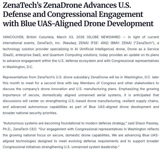 og_tigress's tweet image. $ZENA #advertisement 

🗞️News out this morning in regards to additional developments and Congressional Engagment by ZenaTech

🔥Later this month ZenaDrone will be meeting for a SECOND time with key Members of Congress for their drone subsidiary. They will discuss US mfg plans as