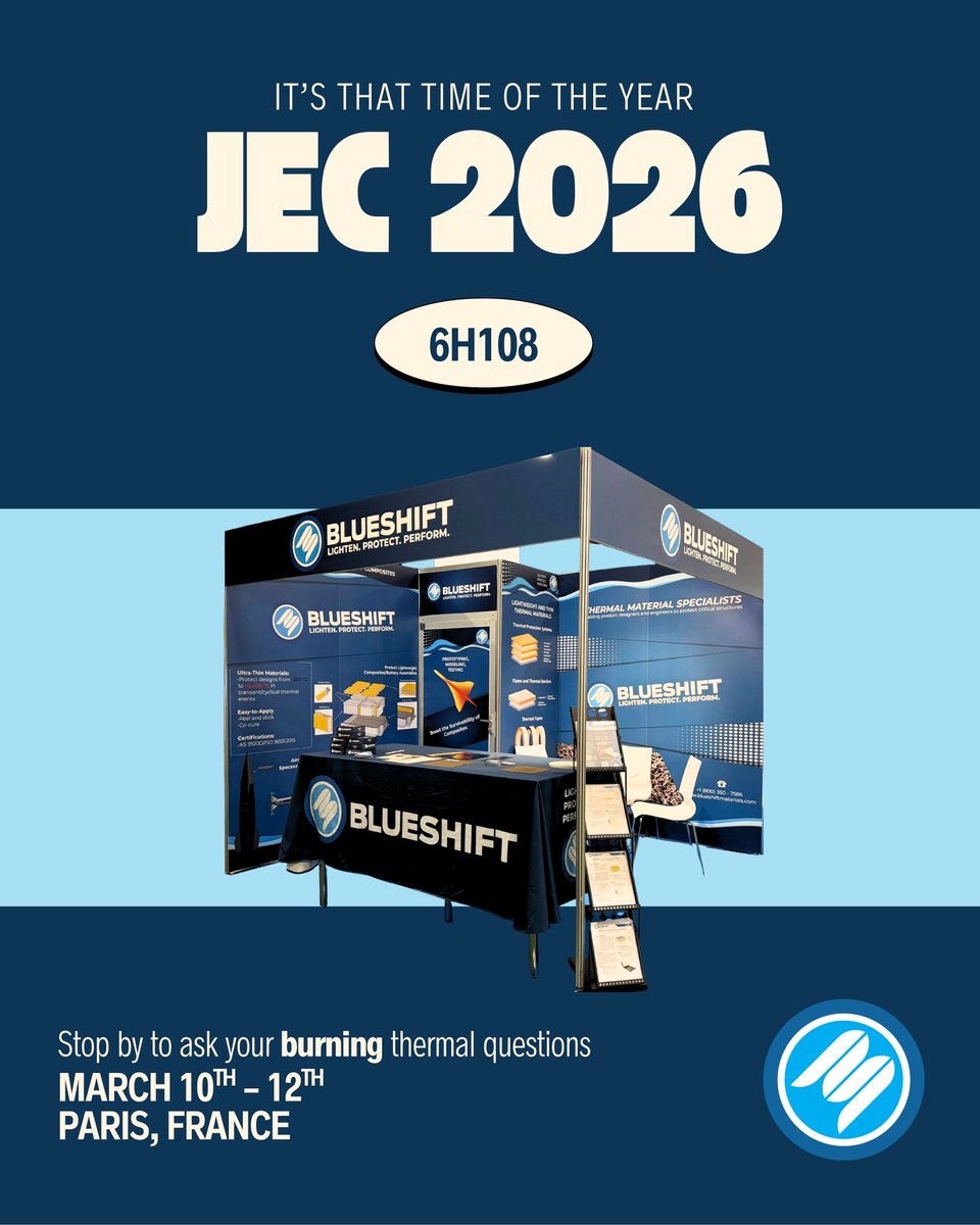 BlueshiftMatls's tweet photo. We’re heading to JEC World 2026 in Paris, March 10–12.

Visit Booth 6H108 to explore advanced thermal materials engineered to lighten, protect, and perform. https://t.co/xUSFNjXBrx