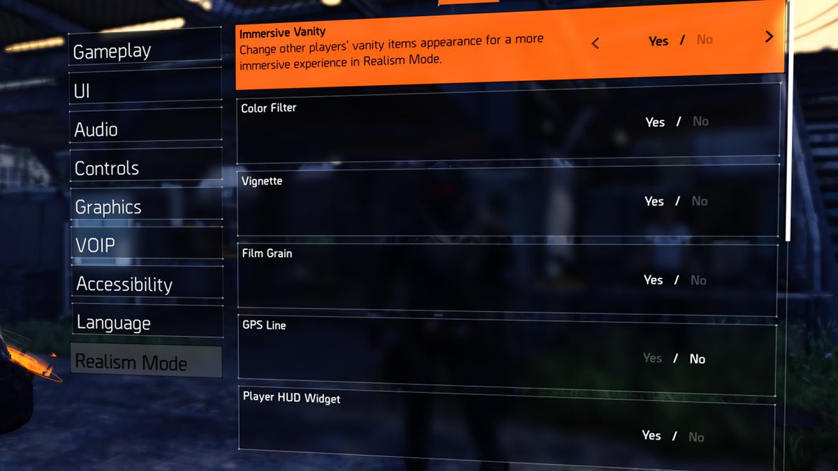 To complete the immersive experience of the new Realism Mode in #TheDivision2...

There are separate settings for the mode!

One of which is "Immersive Vanity" which changes how other agents apparel looks TO YOU.
Note: This only changes how you see them. It does NOT actually