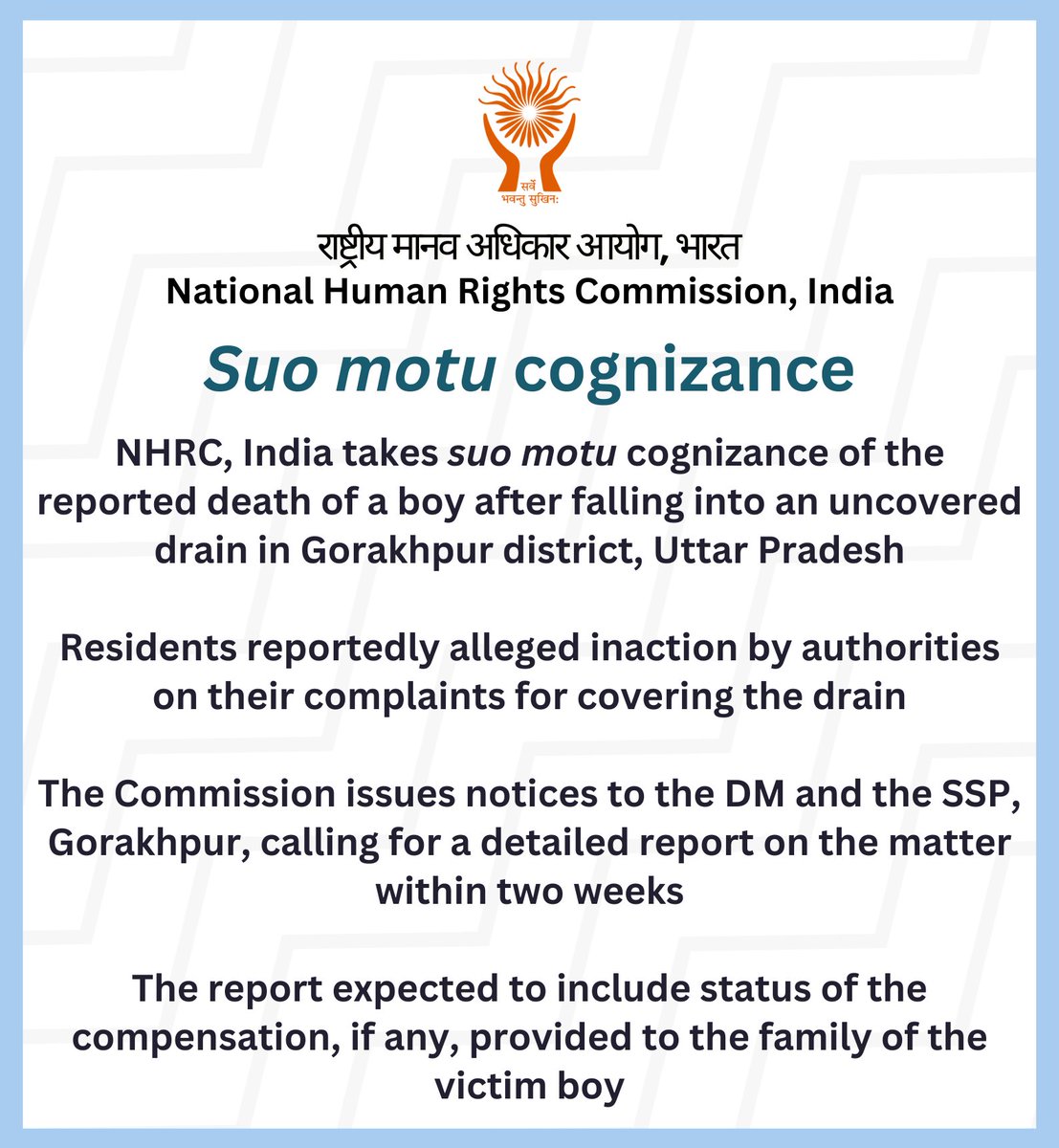 NHRC, India takes suo motu cognizance of the reported death of a boy after falling into an uncovered drain in Gorakhpur district, Uttar Pradesh. May like to refer to the press release at: nhrc.nic.in/media/press-re…
<a href="/ANI/">ANI</a> <a href="/PTI_News/">Press Trust of India</a> <a href="/airnewsalerts/">All India Radio News</a> <a href="/DDNewslive/">DD News</a> #HumanRightsViolation #UP