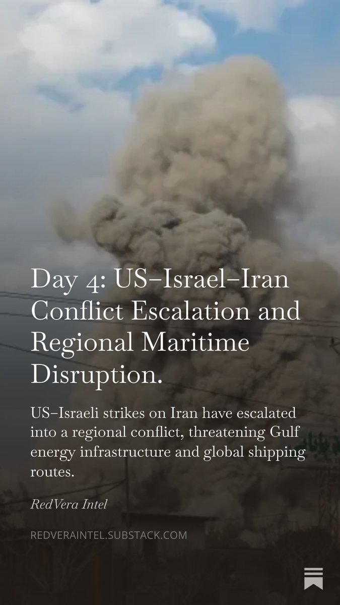 RedVeraIntel's tweet photo. US–Israeli strikes on #Iran have escalated into a regional #conflict, threatening #Gulf energy infrastructure and global #shipping routes.

Read the full report:
https://t.co/A7Mv5z7LGt

#USIranWar #RedVeraIntel #intelligence https://t.co/1hPtzr3Wpy