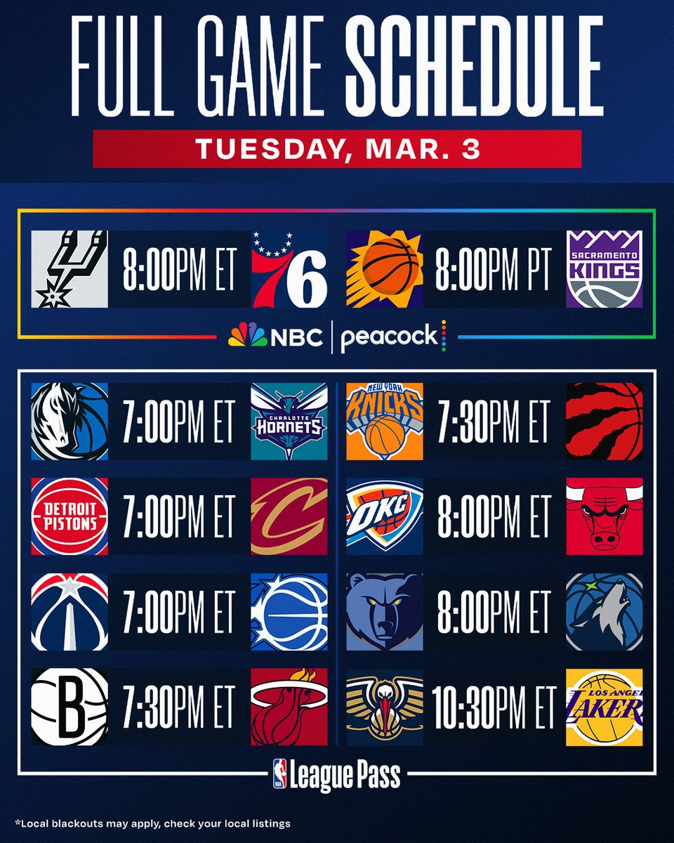 TUESDAY'S 10-GAME SLATE ‼️

🏀 SAS/PHI in Throwback NBA Broadcast
🏀 DET (#1 in East) seeks 4th straight win
🏀 NYK (#3 in East) vs. TOR (#5 in East)
🏀 MIN (#4 in West) looks for 4th straight win
🏀 CHA (#10 in East) looks for 5th straight win

📺 NBC &amp; Peacock, NBA League Pass