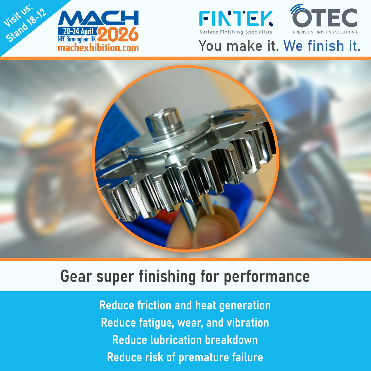 fintek1's tweet image. Superfinished gears don’t just look better, they perform better. When #gears work under extreme load, surface condition has a direct impact. Fintek subcon precision #surfacefinishing for performance using OTEC streamfinishing to achieve Ra &amp;lt; 0.1 μm. Fintek #MACH2026 Stand 18-12