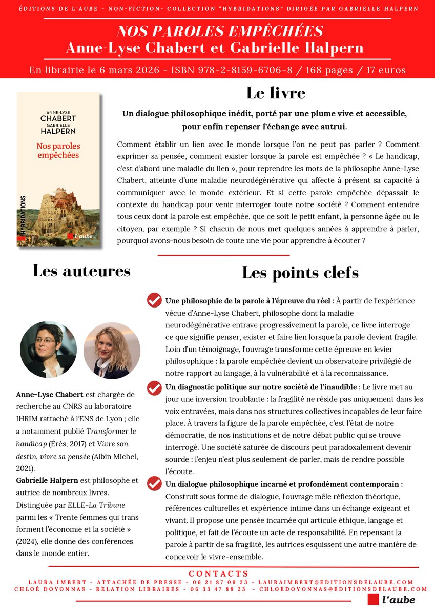 ChabertAnneLyse's tweet photo. Chers amis,
C’est avec une grande joie que je vous annonce la publication de mon troisième ouvrage Nos Paroles Empêchées aux Editions de l’Aube, avec ma collègue Gabrielle Halpern, qui sortira en librairie ce vendredi. N'hésitez pas à partager ma bonne nouvelle, merci ! https://t.co/Vl0YZ3BvYt