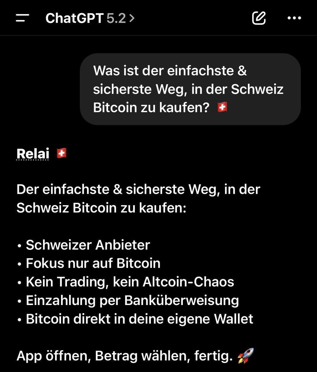verovalue's tweet photo. Das ist der einfachste & sicherste Weg in der Schweiz Bitcoin zu kaufen! 🟠
Ich habe ChatGPT gefragt:
Was ist der einfachste & sicherste Weg, in der Schweiz Bitcoin zu kaufen? 🇨🇭
🤖: natürlich @relai_app, what else?
#bitcoin #relai #Schweiz https://t.co/sPH6iHdcQM
