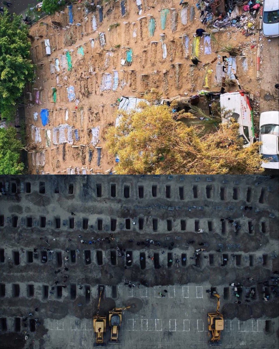fatma_q4's tweet photo. Above: a burial site containing many bodies of civilians who were killed by Israeli forces at Al‑Shifa Hospital in Gaza, among them women and children. 

Below: graves holding about 165 children who lost their lives in a U.S.‑Israeli airstrike on a primary school in Iran https://t.co/eSOhNMRRrk