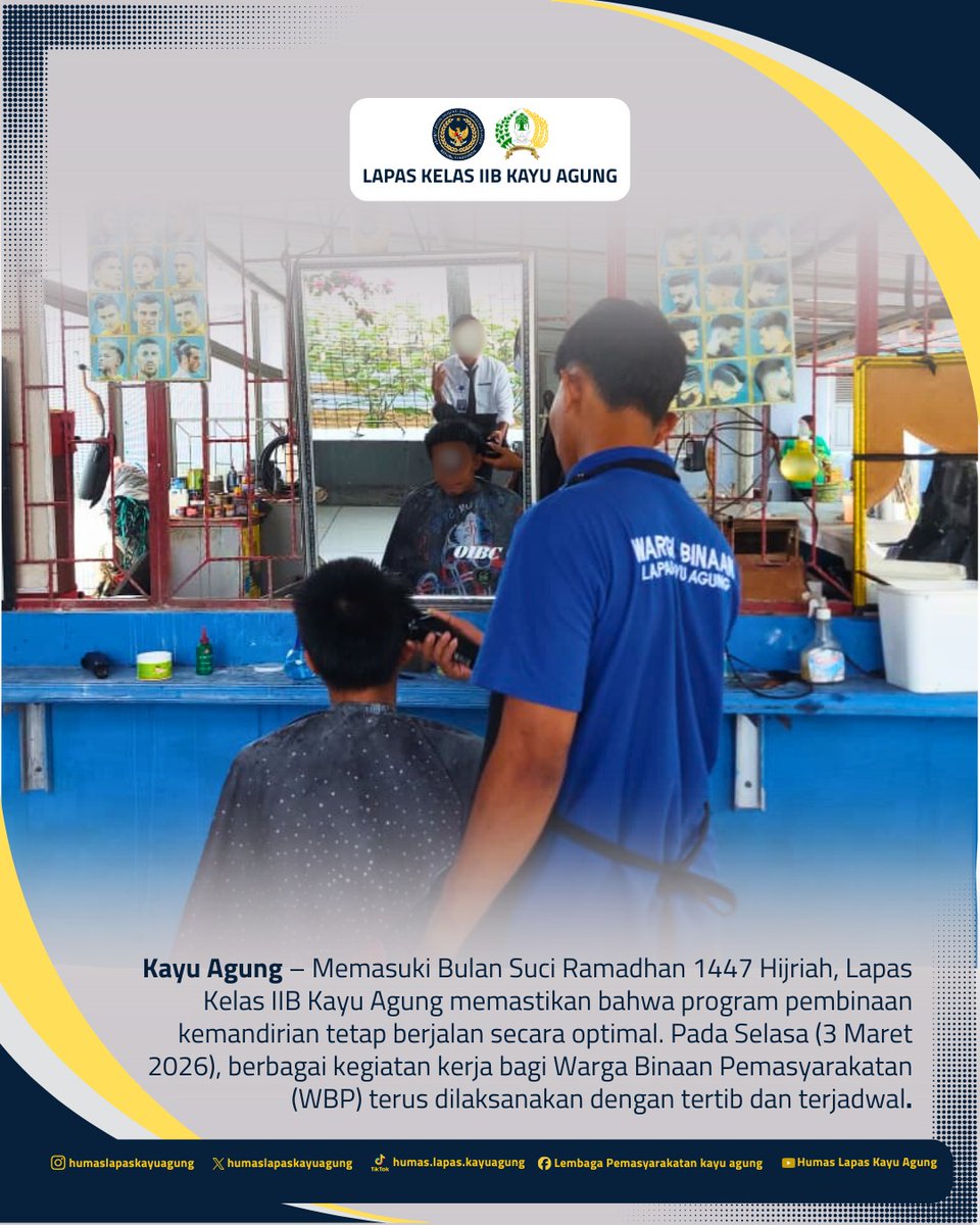 lapaskayuagung's tweet photo. Memasuki Bulan Suci Ramadhan 1447 Hijriah, Lapas Kelas IIB Kayu Agung memastikan bahwa program pembinaan kemandirian tetap berjalan secara optimal. Pada Selasa (3 Maret 2026), berbagai kegiatan kerja Warga Binaan Pemasyarakatan (WBP) terus dilaksanakan dengan tertib dan terjadwal https://t.co/QzS9Fvd7nl