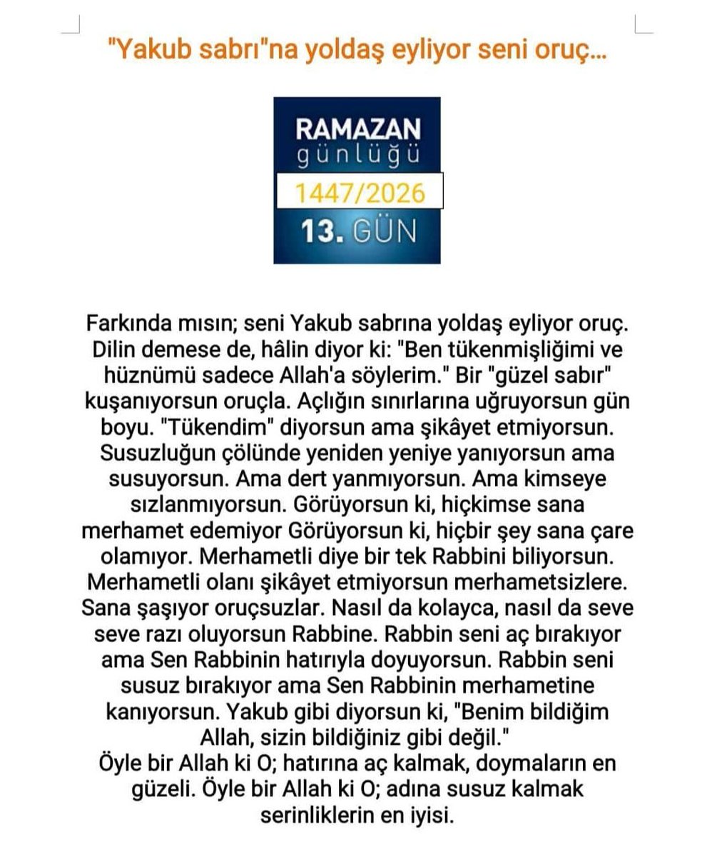 tatli_fatma's tweet photo. Farkında mısın; seni Yakub sabrına yoldaş eyliyor oruç. Dilin demese de, hâlin diyor ki: "Ben tükenmişliğimi ve hüznümü sadece Allah'a söylerim." Bir "güzel sabır" kuşanıyorsun oruçla.
@senaidemirci https://t.co/7uYVKbwFbH
