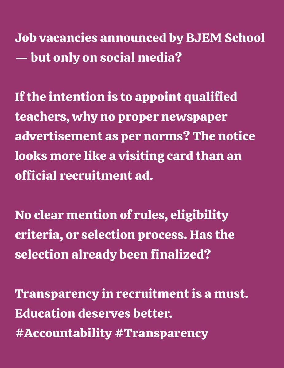 BjemSchool's tweet photo. @CMO_Odisha @SecyChief @dpradhanbjp @cbseindia29 BJEM School ,Bhubaneswar job notice only on social media?
No rules, no eligibility, no proper advertisement. Looks like selection is already done.
Recruitment must be transparent. #Transparency https://t.co/xox31y9twu