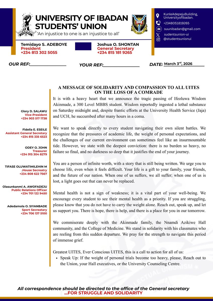 University of Ibadan Students' Union tweet media