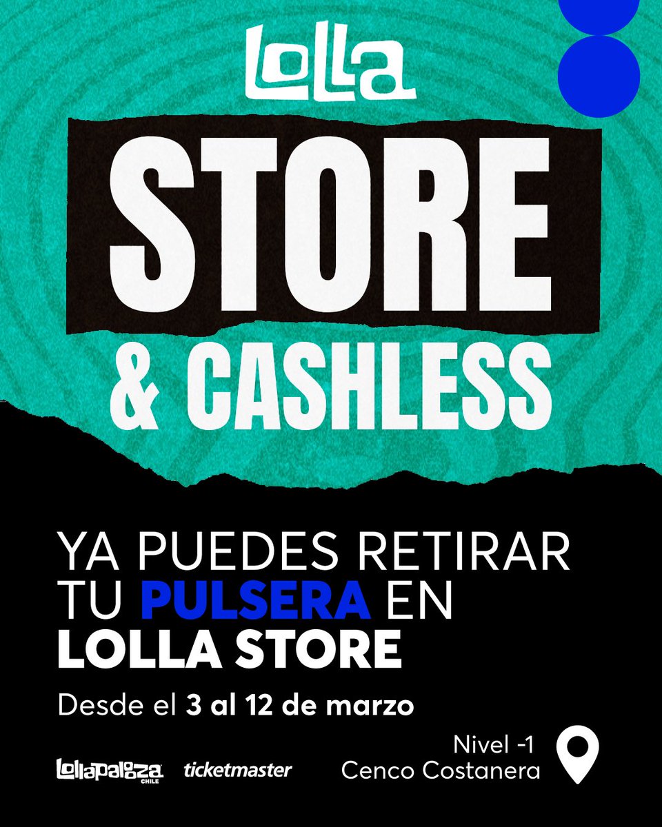 ticketmastercl's tweet image. ¡#LollaStore⚡️ya abrió!

Desde hoy y hasta 12 de Marzo 🗓️ puedes retirar tu pulsera para @lollapaloozacl 🎸🤘🏻 2026 ¡Y cargar con #Cashless 💸!

📍 Nivel -1, Cenco Costanera

¡Solo quedan 10 días 😱✨!