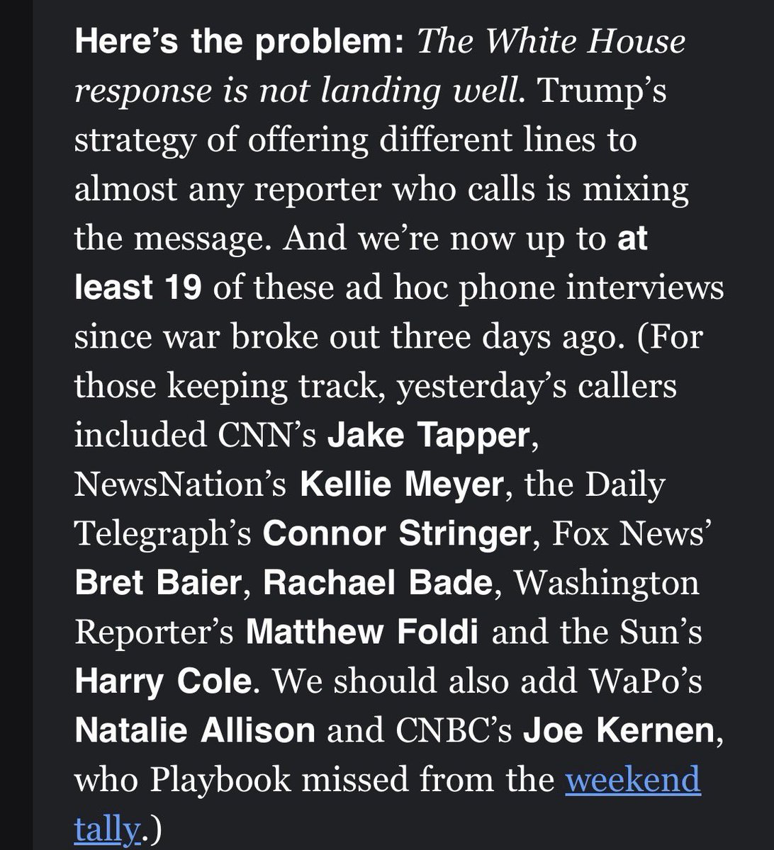 KellieMeyerNews's tweet photo. The president hasn’t done a press conference or taken questions publicly since the strikes but he has been answering his phone for some reporters, including when I called last night. 

He picked up right away and when I said I had a few questions he said “go ahead.”

I do appreciate I was able to get some time with him during an active war and being able to ask questions to matter to our viewers. 

Today he will open his 11am Oval meeting and may take questions there.