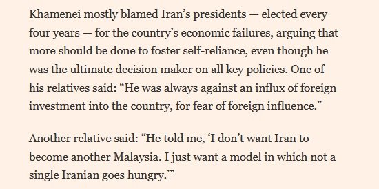 "I don't want Iran to become another Malaysia."

I feel you, Khameini. From one sensitive young man to another. I completely understand what you're saying. When I become the first Supreme NEET of Kelantan, I'll do my best to stray away from the mistakes of my current ruling class