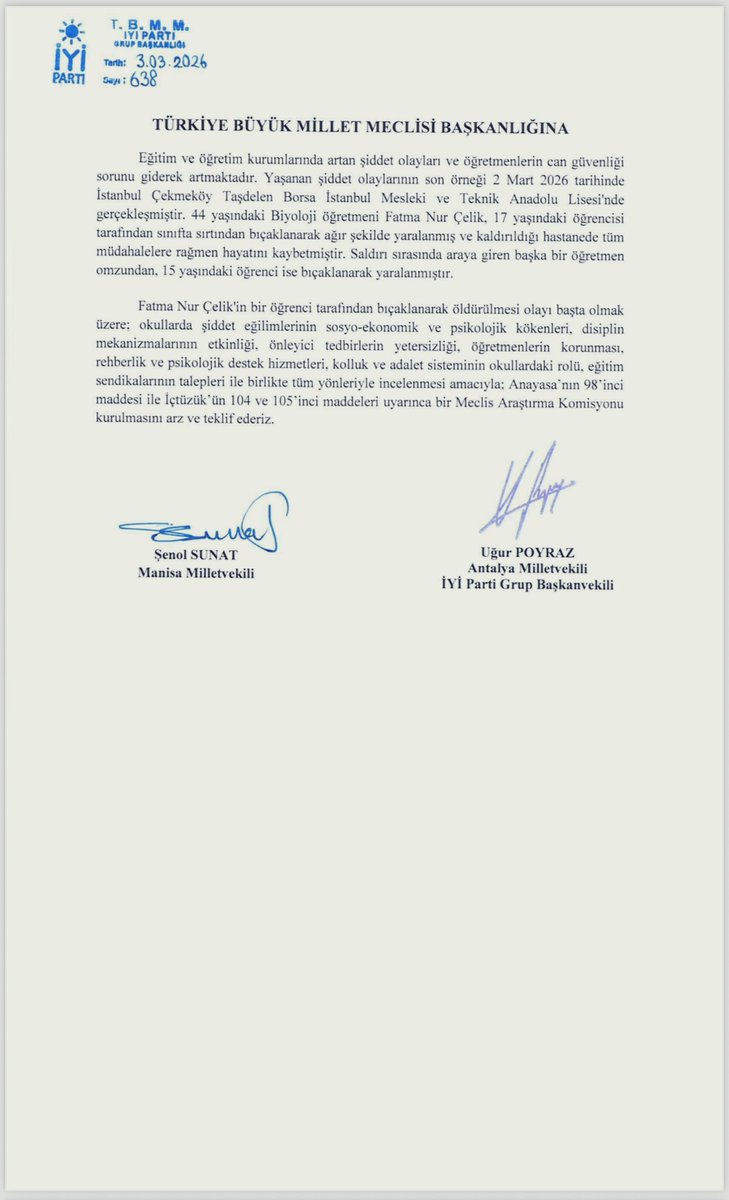 iyipartitbmm's tweet photo. Grup Başkanvekilimiz Sn. Uğur Poyraz ve Manisa Milletvekilimiz Sn. Şenol Sunat tarafından “Öğretmen Fatma Nur Çelik’in bir öğrenci tarafından bıçaklanarak öldürülmesi olayı başta olmak üzere; okullarda şiddet eğilimlerinin tüm yönleriyle incelenmesi” hakkında Meclis Başkanlığına sunulan önerge AK Parti ve MHP oylarıyla reddedildi.