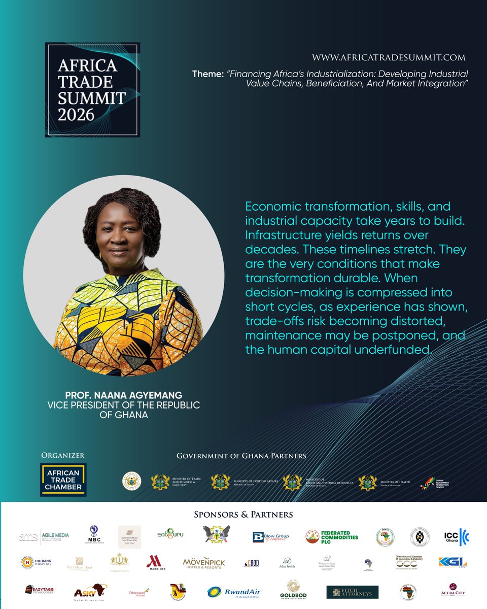 AT__Summit's tweet photo. Keynote piece from the Vice President of Ghana, Professor Naana Opoku Agyemang at the Africa Trade Summit 2026.

#AfricaTradeSummit2026 https://t.co/uzOhYyjJez