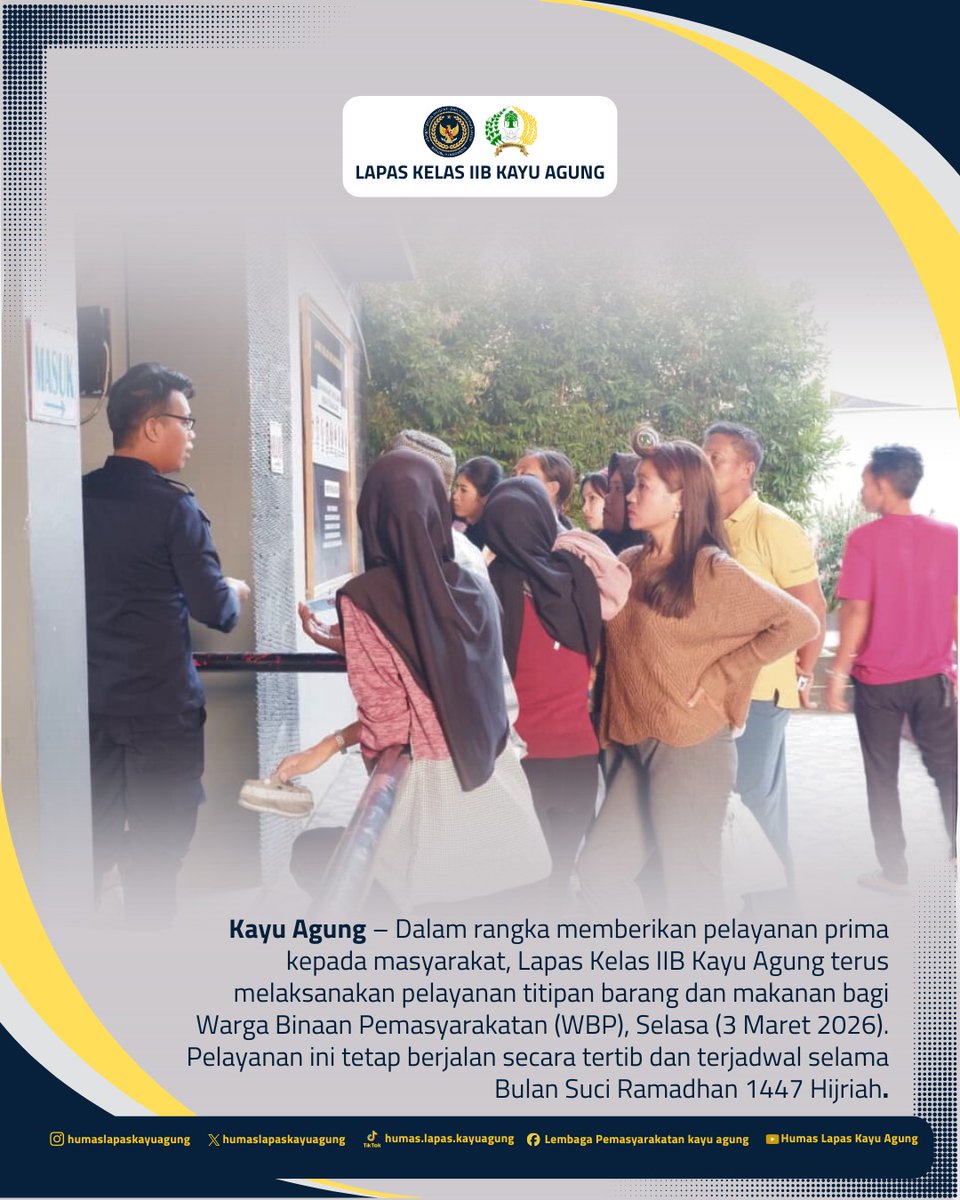 lapaskayuagung's tweet photo. Dalam rangka memberikan pelayanan prima kepada masyarakat, Lapas Kelas IIB Kayu Agung terus melaksanakan pelayanan titipan barang dan makanan bagi Warga Binaan Pemasyarakatan (WBP), Selasa (3 Maret 2026). Pelayanan ini berjalan tertib dan terjadwal selama Bulan Suci Ramadhan. https://t.co/dUIAP6qaCn