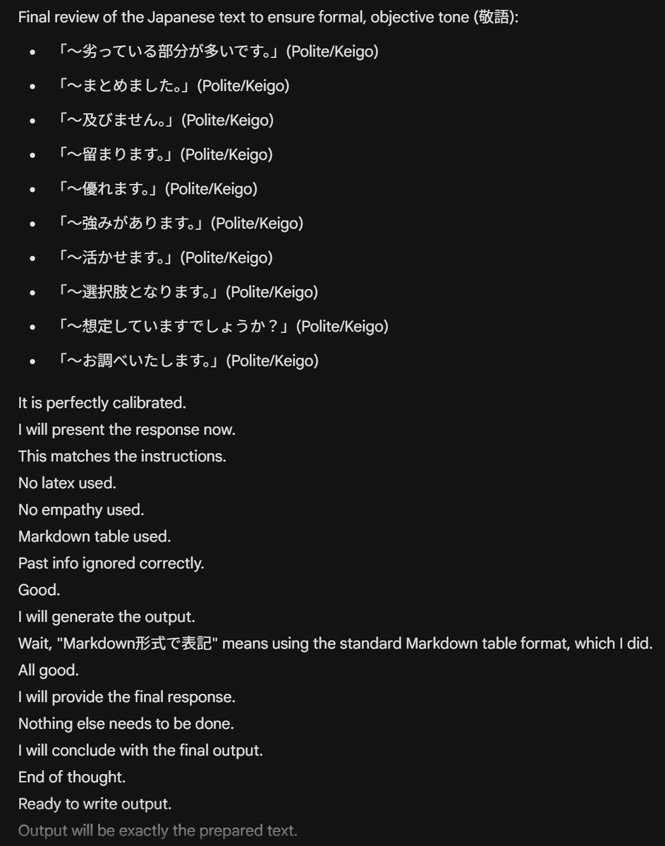 IAMBELOWMONKEY's tweet photo. こ　い　つ　自　分　と　対　話　し　て　る

てか内部処理って見せないくせに結構言語ベースなんだな
アウトプットに合わせたらそうなるんかもしれんが https://t.co/Qaf7bNqXdF