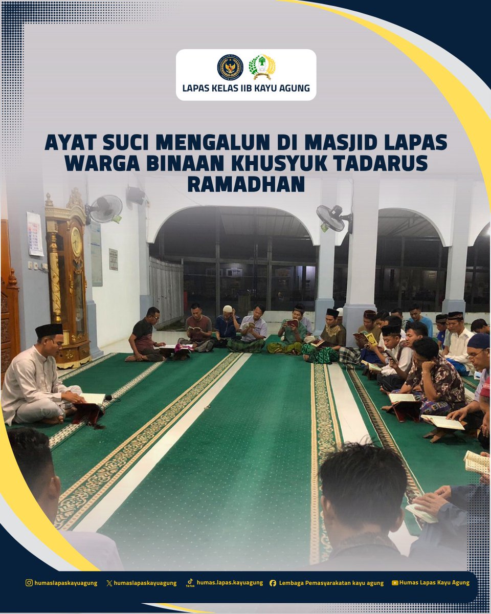 lapaskayuagung's tweet photo. Dalam rangka mengisi Bulan Suci Ramadhan 1447 Hijriah dengan kegiatan yang bernilai ibadah, Warga Binaan Pemasyarakatan (WBP) Lapas Kelas IIB Kayu Agung melaksanakan kegiatan tadarus Al-Qur’an, Selasa (3 Maret 2026), bertempat di Masjid Lapas Kayu Agung. https://t.co/VFFSuPYIjC