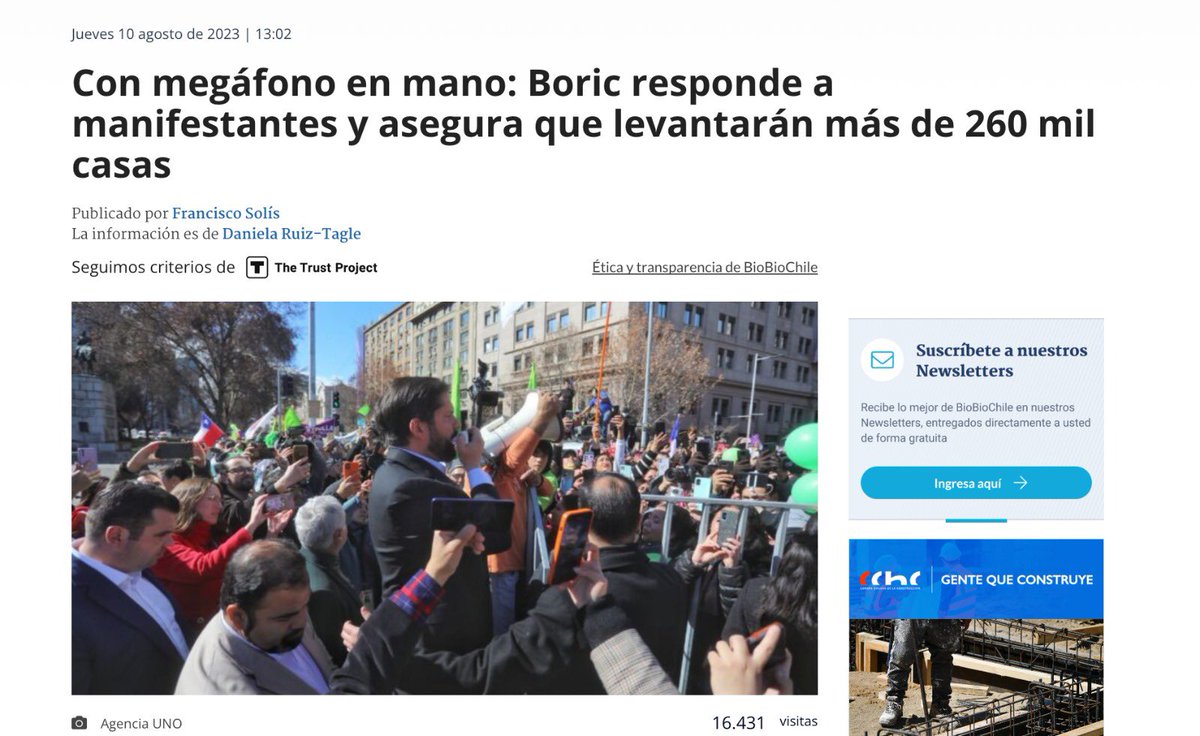 10 de agosto de 2023, Boric promete que levantarán 260 mil viviendas. 

Ayer se informó que cumplió.