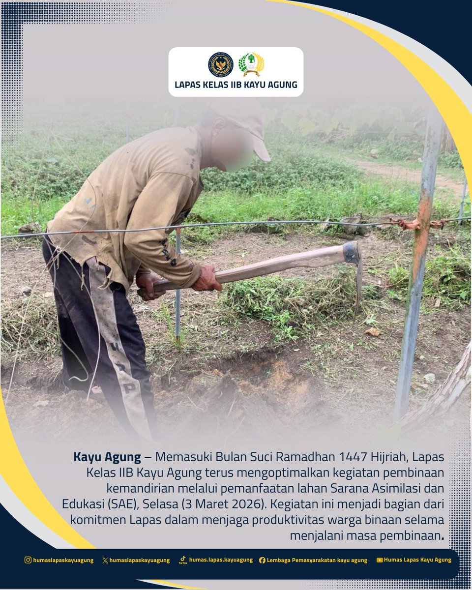 lapaskayuagung's tweet photo. Memasuki Bulan Suci Ramadhan 1447 Hijriah, Lapas Kelas IIB Kayu Agung terus mengoptimalkan kegiatan pembinaan kemandirian melalui pemanfaatan lahan Sarana Asimilasi dan Edukasi (SAE), Selasa (3 Maret 2026). Kegiatan ini bagian dari komitmen Lapas dalam menjaga produktivitas WBP. https://t.co/NCrvrvynJ9