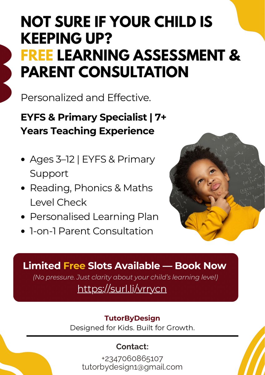 Classyberyl's tweet photo. Not sure if your child is truly keeping up or just coping?

At TutorByDesign we believe every child deserves learning support that is designed for them.

We're offering a FREE Learning Assessment & Parent Consultation to help you understand your child's reading, phonics, and maths level with clear guidance from our team of EYFS & Primary specialists.

Ages 3-12
Personalised learning insights
Structured improvement plan
Support from a professional tutoring team

No pressure. 
Just clarity about your child's learning journey.

Limited free slots available.

TutorByDesign
Designed for Kids. Built for Growth.