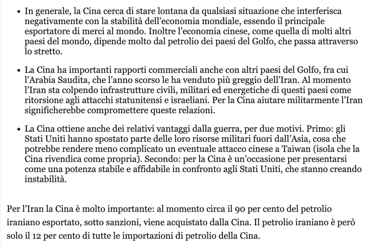 ilpost's tweet photo. Perché la Cina non sta aiutando l’Iran? Pur condannando a parole la decisione di Stati Uniti e Israele di attaccare l’Iran, finora la Cina non ha fatto molto altro per aiutare il suo alleato. Le ragioni di questa posizione sono varie, ecco le più importanti: https://t.co/qAloKV50np