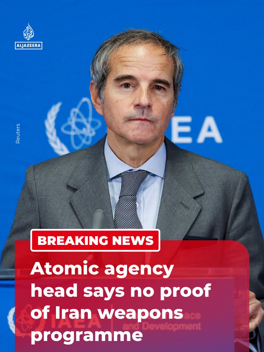 BREAKING: The UN’s nuclear watchdog chief, Rafael Grossi, says inspectors have not found evidence of a coordinated Iranian programme to build nuclear weapons despite Israeli and US claims.

🔴 LIVE updates: aje.news/dp8prb