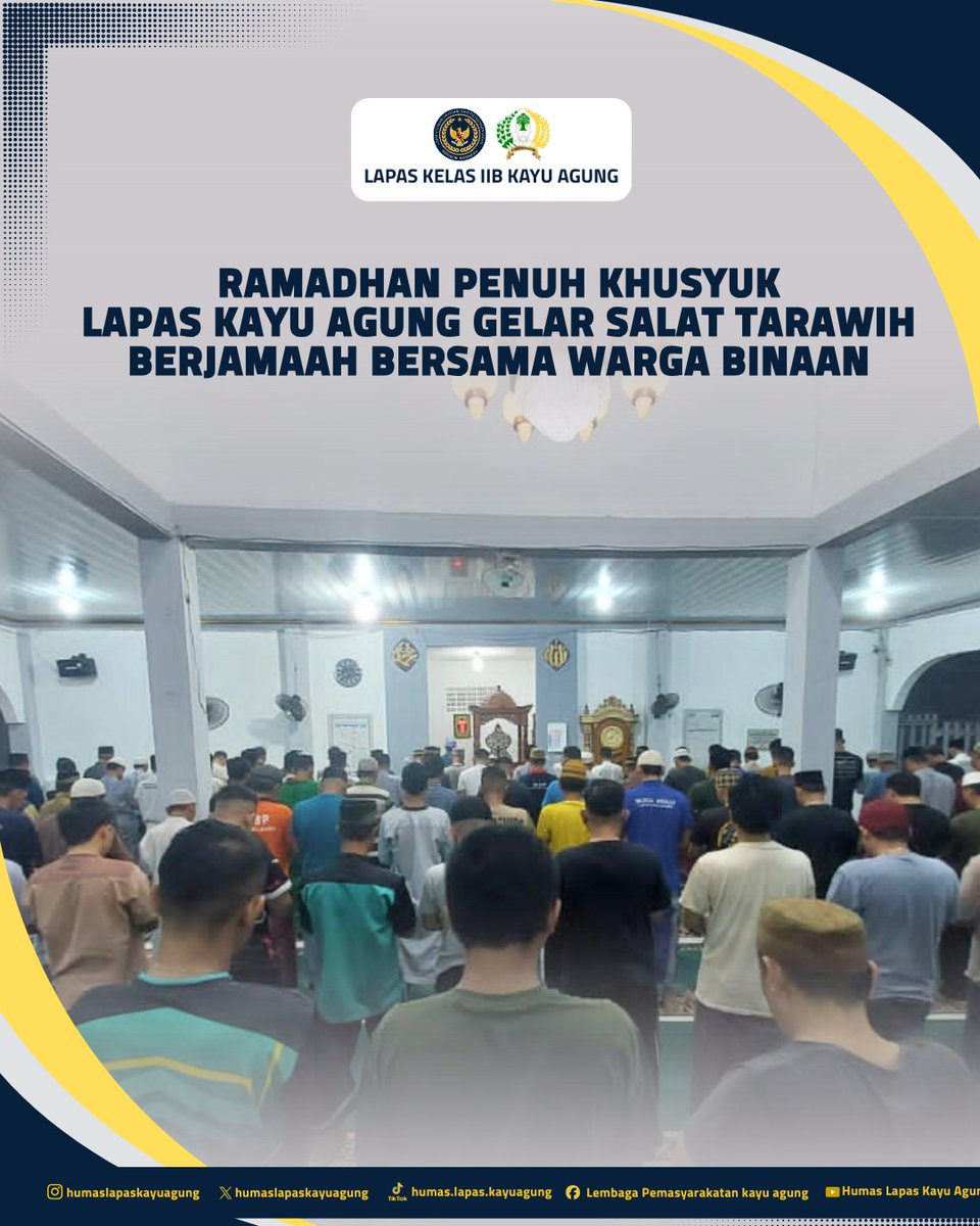 lapaskayuagung's tweet photo. Dalam rangka mengisi Bulan Suci Ramadhan 1447 Hijriah dengan kegiatan ibadah yang khusyuk dan tertib, Lapas Kelas IIB Kayu Agung kembali melaksanakan Salat Tarawih berjamaah bersama Warga Binaan Pemasyarakatan (WBP), Selasa (3 Maret 2026). https://t.co/iViFFqrl2x