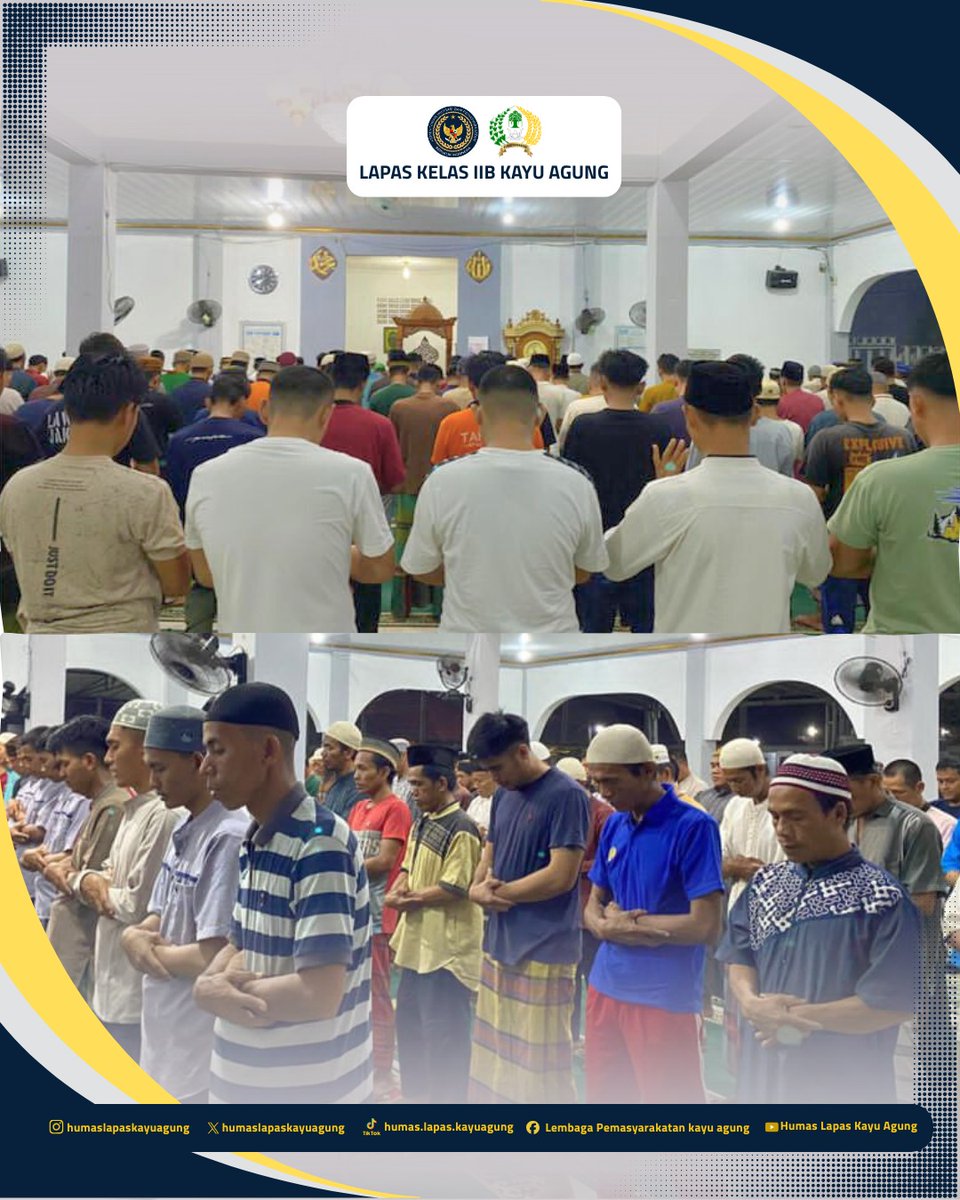 lapaskayuagung's tweet photo. Dalam rangka mengisi Bulan Suci Ramadhan 1447 Hijriah dengan kegiatan ibadah yang khusyuk dan tertib, Lapas Kelas IIB Kayu Agung kembali melaksanakan Salat Tarawih berjamaah bersama Warga Binaan Pemasyarakatan (WBP), Selasa (3 Maret 2026). https://t.co/iViFFqrl2x