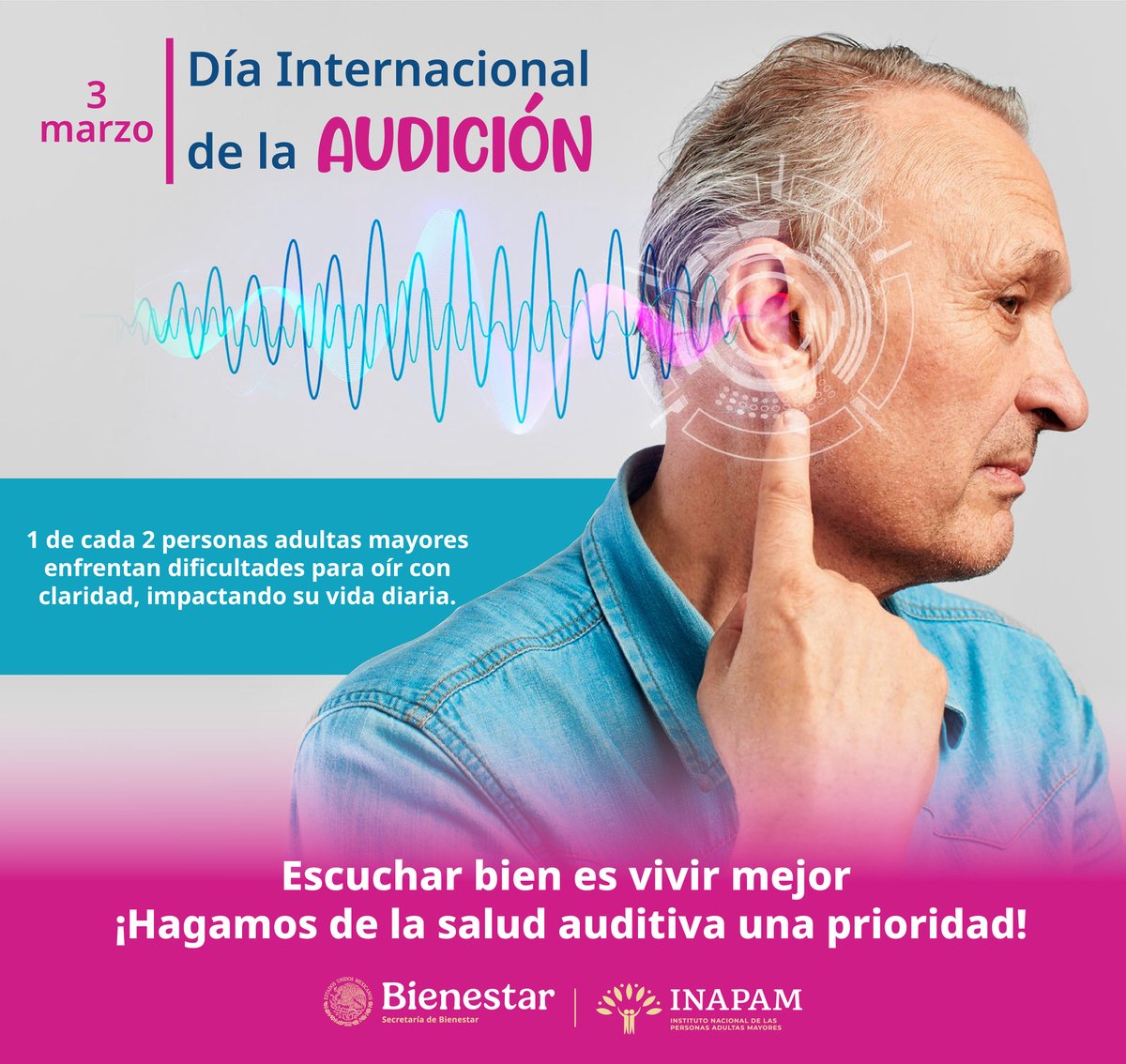 INAPAM's tweet photo. #DíaInternacionalDeLaAudición la #Hipoacusia pérdida progresiva de la #Audición asociada al #Envejecimiento. En las #PersonasAdultasMayores el 28% tiene pérdida #Leve y el 24% de #Moderada a #Severa #SaludAuditiva #AcudeAlMédico #CAI #Universidad #INAPAM https://t.co/Yw7pA6aN8V
