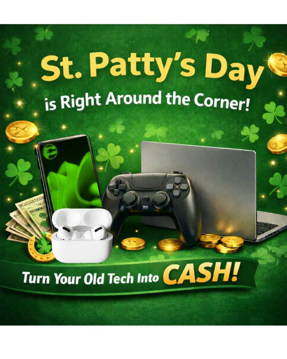 PAYMORESTORES's tweet photo. Feeling lucky? 🍀 
Turn your old tech into 💵 CASH 💵 and get lucky this season!
Don’t let those unused devices sit around—cash them in today💚
#StPatricksDay #StPattysDay #FeelingLucky #PayMore #PayMoreStores #TurnTechIntoCash #CashForElectronics #SellYourTech #TradeInTech #OldTech #TechForCash #GetPaid