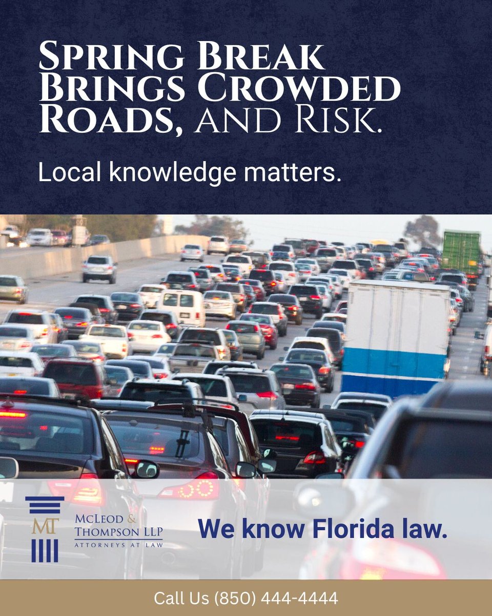 MMRTLAW's tweet image. March brings crowded roads. If a visiting driver's negligence causes your crash, it adds complexity to your claim. We have the experience to handle out-of-state at-fault drivers. 

Get a local advocate: (850) 444-4444.

#McLeodAndThompson #Negligence #AutoAccident