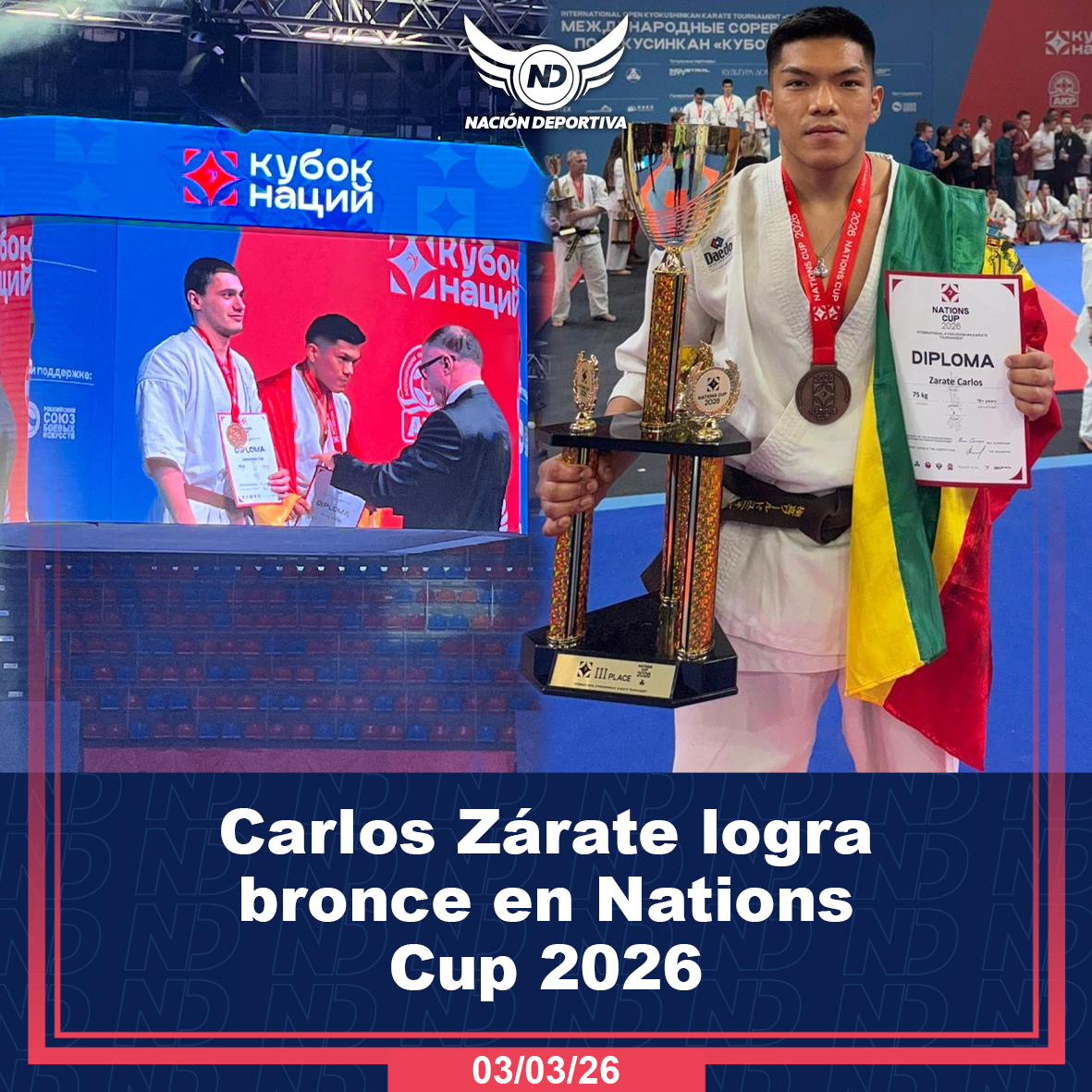 NacionDeportBo's tweet image. 🥉Carlos Zárate obtiene bronce en la Nations Cup 2026 de Kyokushinkan disputada en Moscú y suma podio internacional para Bolivia 🇧🇴🥋

✅Lee más📄
gocommunicationbol.com/?p=1093

🟢Únete a nuestro WhatsApp📲
chat.whatsapp.com/HcPXu0krtwm2Ba…

#OrgulloBoliviano #VamosBolivia #Kyokushinkan