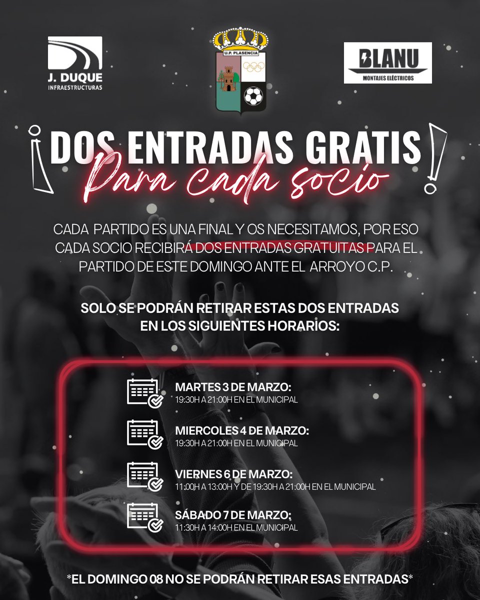 Cada partido es una final y os necesitamos.⚽

🎟️ Dos entradas GRATIS para cada socio para el partidazo del domingo ante el Arroyo C.P.