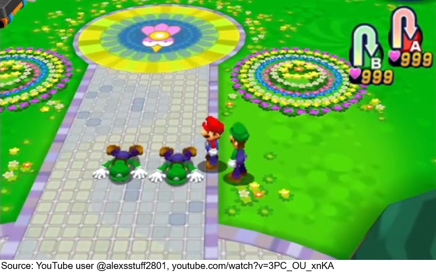Mario &amp; Luigi: Dream Team contains various unused test rooms in its files. One of these is the "two dead Luigis" test room, which is identical to the Mushrise Park entrance from the finished game, except there are two Luigis lying on the ground. The Luigis are unresponsive.