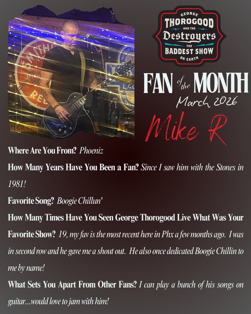 thorogoodmusic's tweet photo. π Congratulations to the Boogie People Fan of the Month for March 2026! Learn more about at https://t.co/NS4Yvt9U5N πΈ
#BadToTheBone #GeorgeThorogood #TheDestroyers #BaddestShowOnEarth #FanOfTheMonth https://t.co/a22JZrORxF