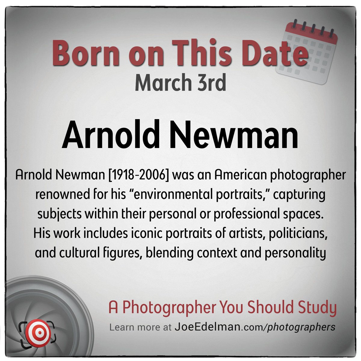 American photographer Arnold Newman was born in New York, NY on this date (3/3) in 1918.

➡️ Learn more about him and view his work at: joeedelman.com/arnold-newman

#Photography #BornOnThisDay #photographertostudy