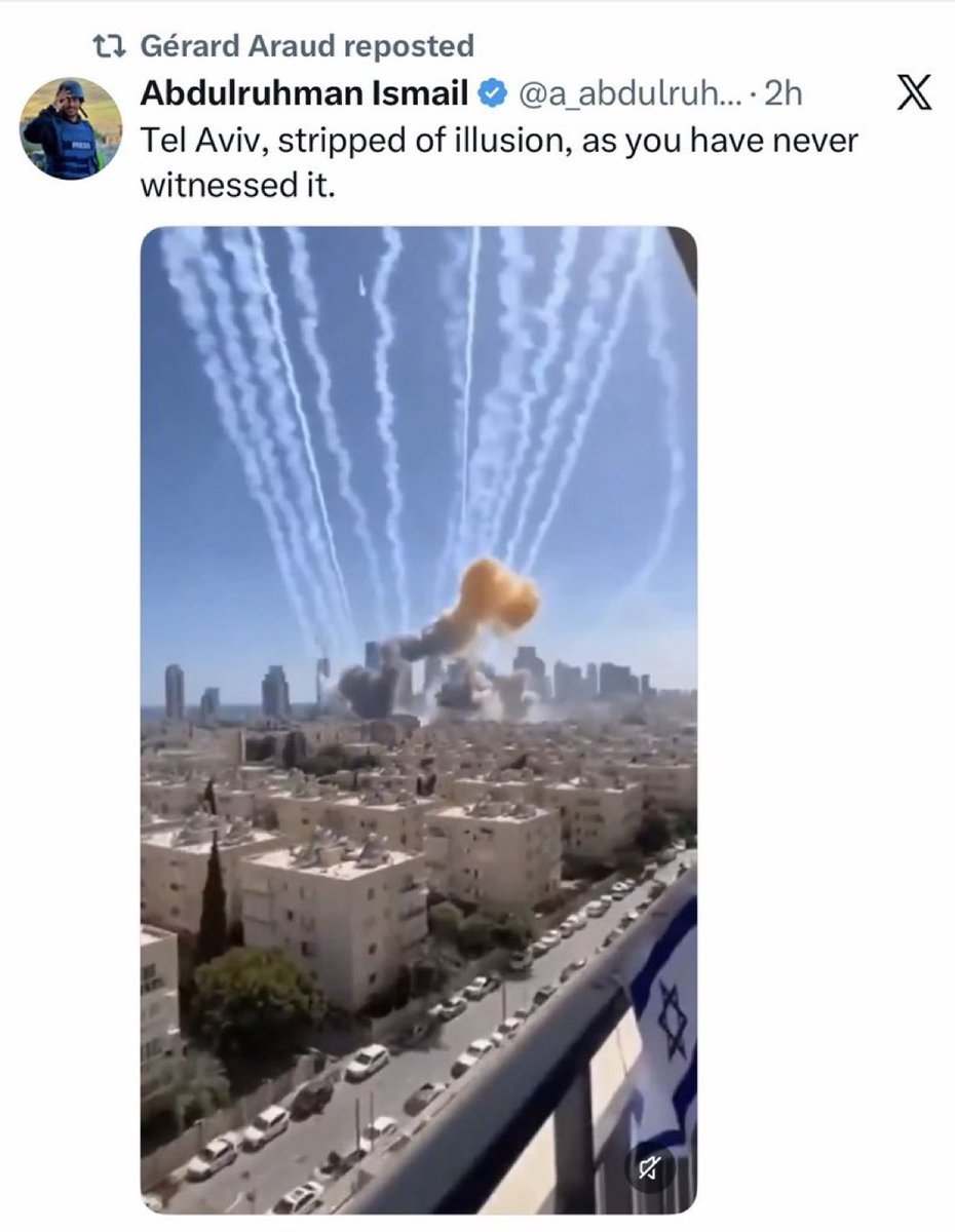 EylonALevy's tweet photo. Voici l’ancien ambassadeur de France en Israël, aux États-Unis et auprès des ONU, @GerardAraud, partageant une fausse vidéo générée par intelligence artificielle prétendant montrer une frappe iranienne sur Tel-Aviv. https://t.co/Z8tJxQMy4S